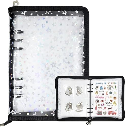 Ruatu Sticker Storage Organizer Binder A5 Sticker Collecting Book Reusable Zipper Album with Clear Laser Star Cover and Pocket Pages (Black) - Image 1