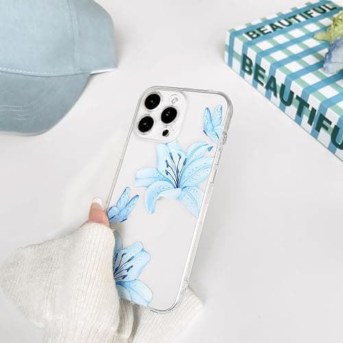 NITITOP Compatible with iPhone 12 Pro Case Clear Cute Butterfly Lily Flower Floral Pattern for Women Girls Full Camera Lens Clear Slim Shockproof Protective Phone Cover - Blue thumbnail 7