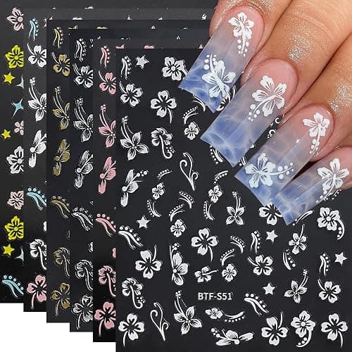 Flower Nail Stickers, Hibiscus Nail Decals 3D Self-Adhesive White Pink Gold Flower Pattern Summer Hibiscus Nail Design Manicure Tropical Accessories for Women Girls(6Sheets) - Image 1
