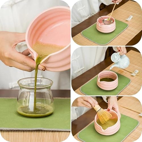 YEEMUOS Matcha whisk Set,7 Pcs Matcha Making Kit with whisk Whisk, Ceramic Bowl, Sifter, Scoop, Holder, Stand, and Tea Towel for Ultimate Matcha Experience(Pink) thumbnail 5