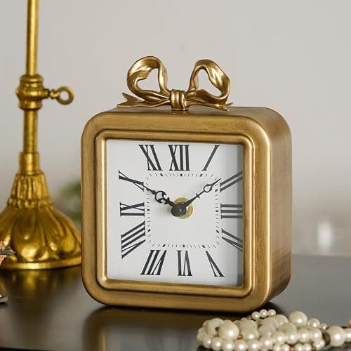 NIKKY HOME Gold Table Clocks, Table Clock Decor with Bow Metal Desk Clock Vintage Desk Clocks Silent Non-Ticking Battery Operated Decorative Shelf Clock for Living Room Bedroom thumbnail 5