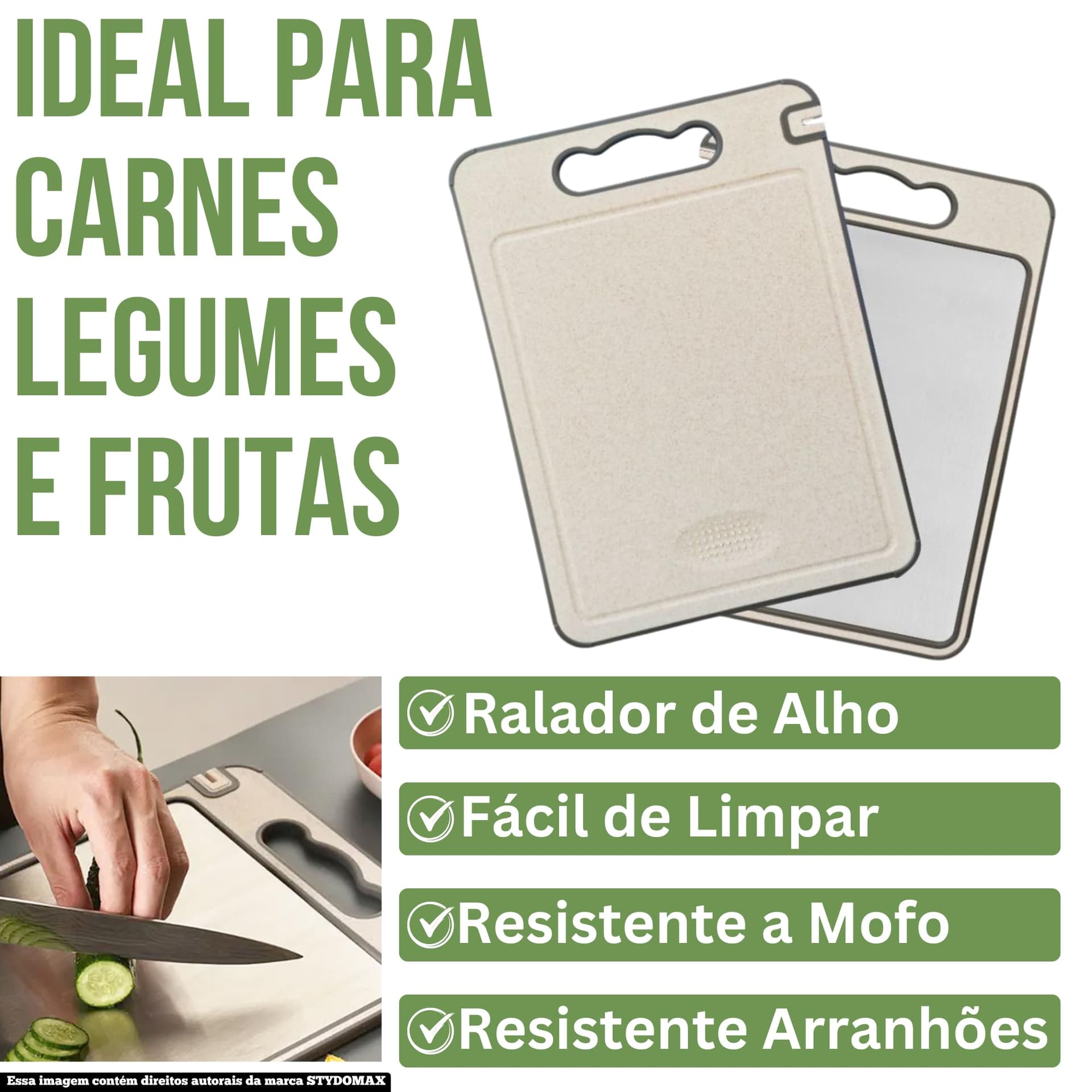 Tábua de Corte Inox Cozinha Dupla Face Aço Inoxidável e PP, Superfície Higiênica para Carnes, Frutas e Vegetais, Afiador Integrado Base Antiderrapante e Alça Ergonômica Premium thumbnail 5