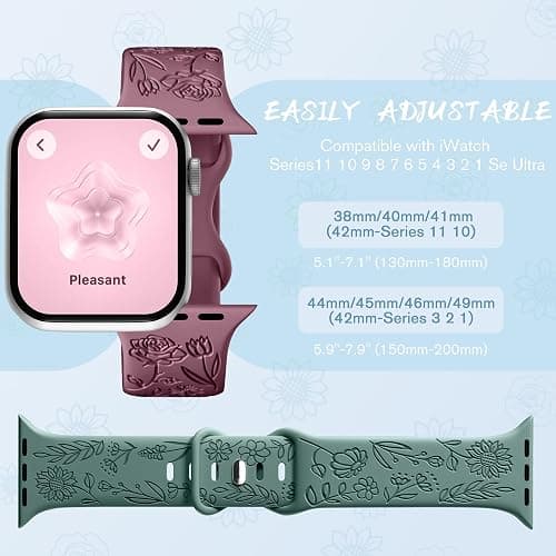 6 Pack Floral Engraved Bands Compatible with Apple Watch for Women | Cute Silicone Straps for Series 12 11 10 9 8 7 6 5 4 SE 3/2/1 Ultra, Wristband for iWatch 42mm 40mm 41mm 38mm 44mm 45mm 46mm thumbnail 9