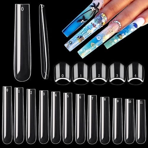 600PCS Square Nail Tips Full Cover, 3XL Clear Nail Tips for Acrylic Nails Professional, XXXL Full Cover Nails Tips No C Curve, Extra Long Tapered Square Fake Nails for Salons Home DIY 12 Sizes - Image 1