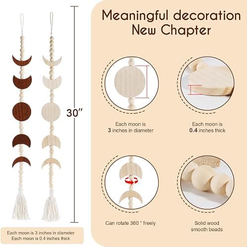 Ausicfen Moon Phase Wall Hanging Wood Beaded with Tassel,Phases of The Moon,Boho Home Decor for Living Room Bedroom Office(Brown) thumbnail 3