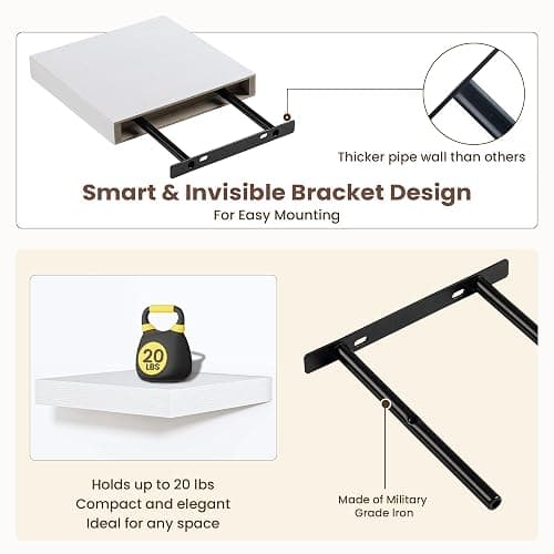 Fun Memories Floating Shelves for Wall - 7.5 Inch Square Shelves with Invisible Brackets, Small Wall Shelf for Living Room, Bathroom, Bedroom, and Kitchen Decor，White Set of 3 thumbnail 4
