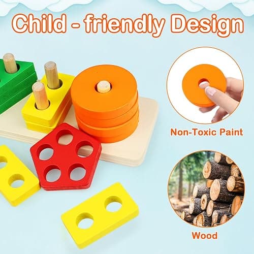 PEBIRA Montessori Toys for 1 to 3-Year-Old Boys Girls Toddlers, Wooden Sorting & Stacking Toys for Toddlers and Kids Preschool, Educational Color Recognition Shape Sorter, Learning Puzzles Gift thumbnail 3
