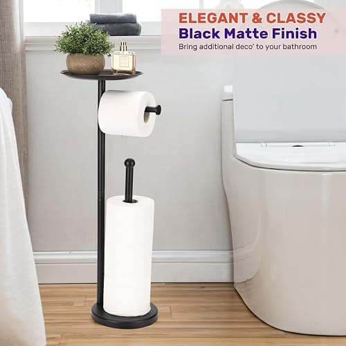 Sfemn Black Toilet Paper Holder Stand, Freestanding Toilet Paper Holder with Shelf for Small Items, Toilet Paper Stand with Storage Space for 4 Extra Toilet Paper Rolls - Black Matte thumbnail 6