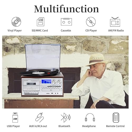 Bluetooth Record Player with 3 Speed Turntable CD Cassette USB SD AM FM Radio Remote Control and Built in Speakers for Home Entertainment and Vintage Vinyl Enjoyment - Silver-Brown thumbnail 2