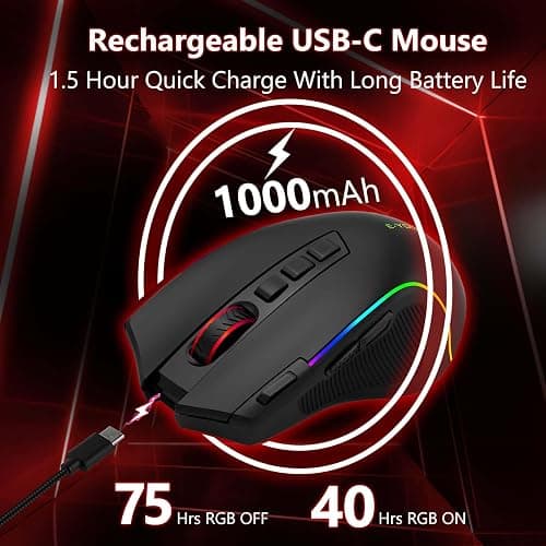 Premium Wireless Bluetooth Versatile Mouse,8000 DPI,6 RGB Backlit,USB C Rechargeable,Ergonomic,2.4G/BT/Wired,Rapid Fire Key,75-Hour Power Capacity,Ideal For Gaming/Office/Home/PC Computer/Laptop/Mac thumbnail 7
