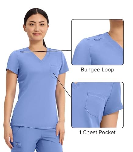Med Couture Touch Women's Scrub Tops V-Neck Tuck-in Top with 1 Pocket | Slim Fit, Touch Performance Fabric, Stretchy Rib-Knit Shoulders, Bungee Loop, 2-Way Stretch, Lightweight, for Long Shifts thumbnail 5