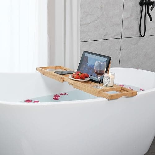 Utoplike Bamboo Bathtub Trays Caddy Bath Tray for Tub, Adjustable Bathroom Bathtub Organizer with Book Tablet Wine Cup Towel Holder, Bathroom Trays thumbnail 9