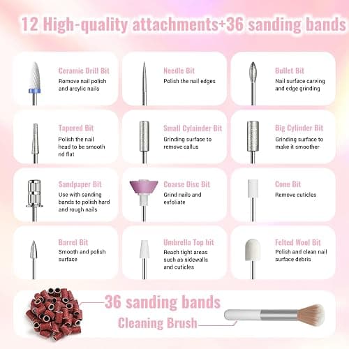 Denabuty Electric Nail Drill Cordless 35000RPM Portable Electric Nail File | Nail Drill with LCD Display and 12 Nail Drill Bits for Acrylic & Gel Nails, Professional Manicure & Pedicure Kit Set Pink thumbnail 6