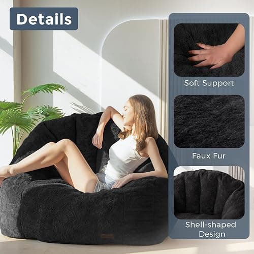 MAXYOYO Giant Bean Bag Chair, Oversized Bean Bag Couch for Adults and Kids, Faux Fur Shell-Shaped Large Chair with Filler, Stuffed Big Accent Sofa Lounge Floor Sofa for Gaming, Reading, Black thumbnail 5