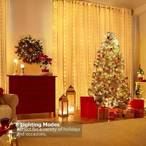 KepStars Curtain Lights 10ft x 10ft, 300 LED Twinkle Fairy String Lights Curtain with Remote & Timer, IP65 Waterproof, USB Powered for Indoor Outdoor Wall Bedroom Backdrop Christmas Decor - Warm White thumbnail 2