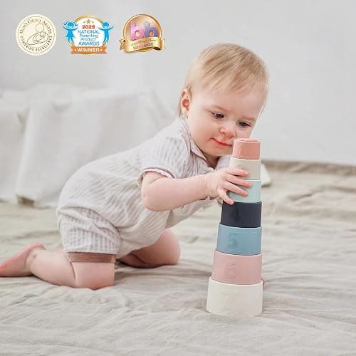 Moonkie Baby Stacking Cups Toy Silicone, Teether for Baby, Early Development & Activity Toys, Silicone Soft Toy, for Bath Play, Stacking Toys 7 Piece Set, Gifts for Boys and Girls 6 Months+ thumbnail 3