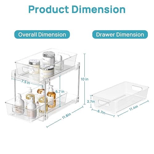 Vtopmart 4 Pack Bathroom Organizer, 2 Tier Clear Under Sink Organizers Vanity Countertop Storage Container,Cabinet Drawers Bins, Pull-Out Organization with Track for Pantry, Kitchen thumbnail 2
