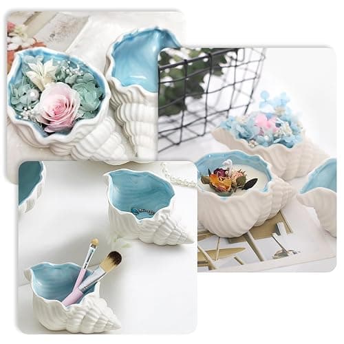 heqxwl Ceramic Jewelry Tray,Conch/Starfish/Shell Trinket Dish, Aqua Shell Trinket Dish Ceramic Ring Earring Holder Ocean-themed Decorative Trinket Plate for Rings Necklaces Bracelet Watch Keys (A) thumbnail 6