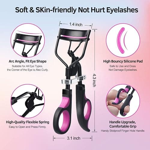 Eyelash Curlers Kit for Women w Lash Curler, Eyelash Comb Seperator, 3 in1 Mascara Brushes, Eyelash Extension Tweezers, Foldable Eyebrow Brush and Comb, 10 Silicone Refills Pads for Natural Eyelashes - EC-02 Kit thumbnail 3