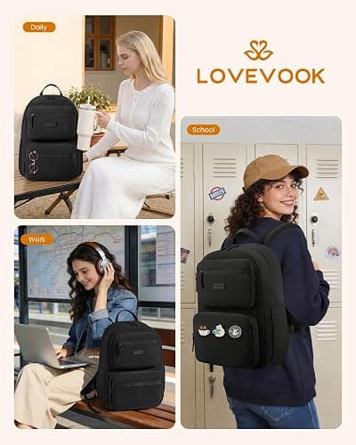 LOVEVOOK School Backpack for Teen Girls,Women Laptop Backpack with Water Bottle Holder,Lightweight Work Bag College Bookbag,Teacher Nurse bag,Black thumbnail 6