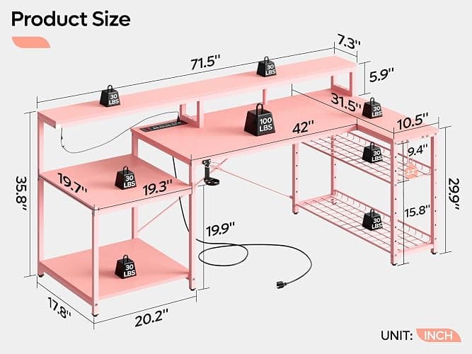 Bestier 71.5 inch Gaming Desk with Power Outlet, Large LED Computer Desk with Monitor Stand, L Shaped Desk with Storage Shelf, Cup Holder & Headset Hooks, Corner Gamer Desk for Bedroom Pink thumbnail 2