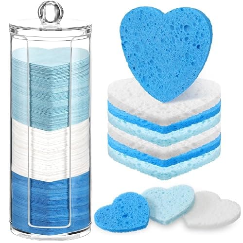 Sieral 120 Pcs Compressed Facial Sponges for Women with Container Disposable Face Sponge Pads for Washing Face Cleansing Exfoliating Esthetician Makeup Removal(Heart,Blue, Light Blue, White) - Image 1