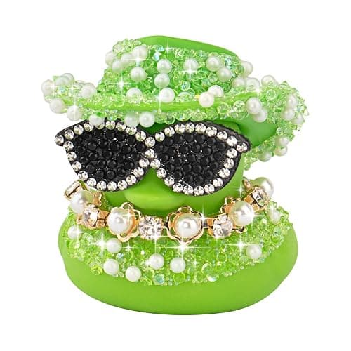 wonuu Color Diamond Funny Rubber Duck Car Ornaments Dashboard Decorations for Car Accessories Single-Character Pearl and Diamond Necklace, Green - Image 1