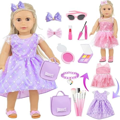 VAWMJOT 18 Inch American Doll Accessories, 2 Sets Pink and Purple Dresser Sunglasses Handbag Lipstick Hair Clip Eye Shadow Foundation Make-up Bracelet Cosmetic Brush American Doll Clothes Set - Image 1