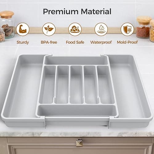 ukeetap Extra Large Expandable Silverware Organizer, BPA-Free Food-Safe Cutlery Flatware Organizer, Kitchen Utensil Drawer Organizer, Adjustable Silverware Holder for Spoons Forks Knives, Gray thumbnail 4