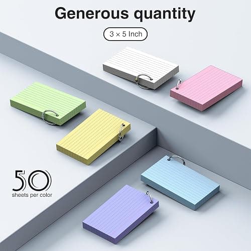 300 Count 3x5 index cards with Ring, Flash Cards 6 Color Assortment (50 Sheets Each), Durable & Portable Note Taking for Students, Teachers, Study Note Cards for Home School Colored Index Cards thumbnail 3