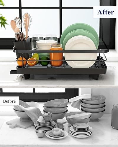 Kitsure Dish Drying Rack for Kitchen Counter, Stainless Steel Sink Organization and Storage Essentials with Cutlery Holder, Home and Appartment Decor, 12''W x 15.5''L, Black thumbnail 6