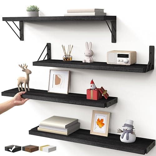 BAYKA Wall Mounted Floating Shelves, Wood Floating Wall Shelf for Books & Decor, Small Space-Saving Display & Organizer（Black，23in，Set of 4） - Image 1