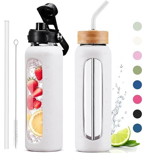 NOLOGLAZIC 32 oz Glass Water Bottle with Straw – 2 Lids (Bamboo & Spout Lid), 1L Motivational Borosilicate Glass Daily Water Intake Bottle with Time Marker, Silicone Sleeve for Home Office-White - Image 1