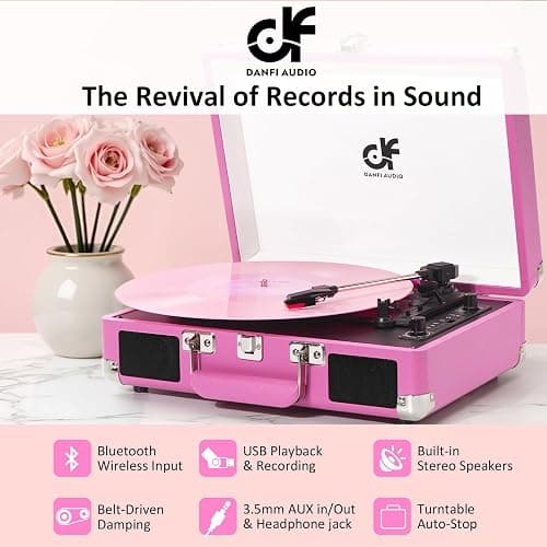 Record Player, Vintage 3-Speed Suitcase Turntable with Built-in 2 Speakers,USB Recording Vinyl to MP3, Bluetooth 3 Speed 3 Size Portable Record Player for Music Lovers Hot Pink thumbnail 6