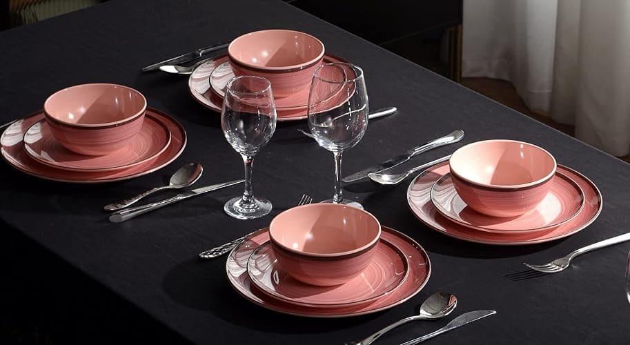 12Pcs Melamine Dinnerware Set, Plates And Bowls Sets for 4, Pink Color Dinnerware Sets, Melamine Plates Bowls Indoor and Outdoor Use Dish Set Dishwasher Safe BPA Free(Pink) thumbnail 8
