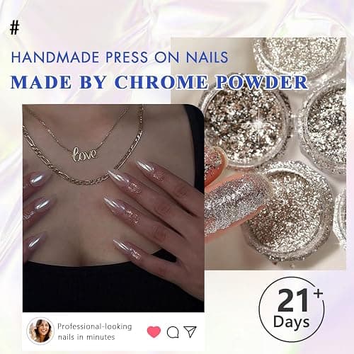Nude Press On Nails Short - KQueenest Chrome Press On Nails Square, Sparkly Fake Nails Press ons, Bling Glazed Glue on Nails Short Coffin, Cute Shiny False Nail Gel Stick On Nails for Women Weddings thumbnail 6