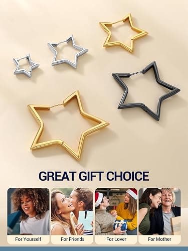 PROSTEEL Star Hoop Earrings for Women, 20mm/30mm/40mm/50mm/60mm, Small/Big Star Hoops, Non Tarnish Brass with14K Gold/Black Plated, Hypoallergenic, Jewelry Gift for Her thumbnail 7