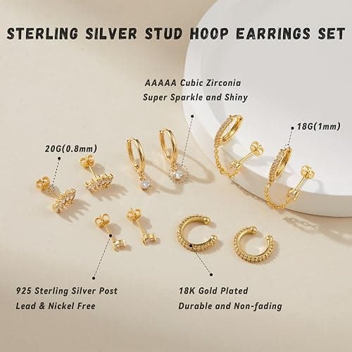 LOFITOR 5 Pairs Sterling Silver Post Stud Hoop Earrings Set Dainty 14k Gold Plated Earrings for Women S925 Green CZ Cartilage Stud Huggie Earring for Multiple Piercing Small Earring Stacks thumbnail 3
