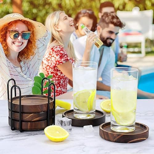 6Pcs Wooden Coasters for Drink-Acacia Wood Drink Coasters Set with Holder | Coffee Table Coasters for Drinks,Modern Cup Coaster for Kitchen Accessories Cute Beer Bar Decorative Rustic Outdoor Coasters thumbnail 5