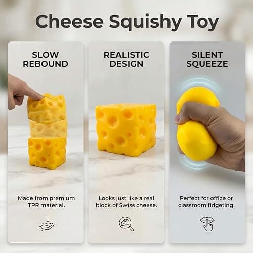 Plimto Cheese Squishy Fidget Toy, Soft 6cm Squeeze Toy for Desk, School or Home, Realistic TPR Stress Relief Toy for Kids and Adults, Great for Stocking Fillers and Party Bags thumbnail 2