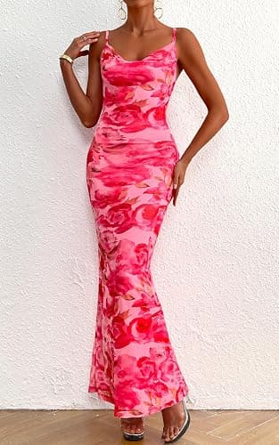 PRETTYGARDEN Women's 2026 Spring Floral Spaghetti Strap Maxi Dress Stretch Sexy Bodycon Dress Backless Slip Long Dresses thumbnail 2