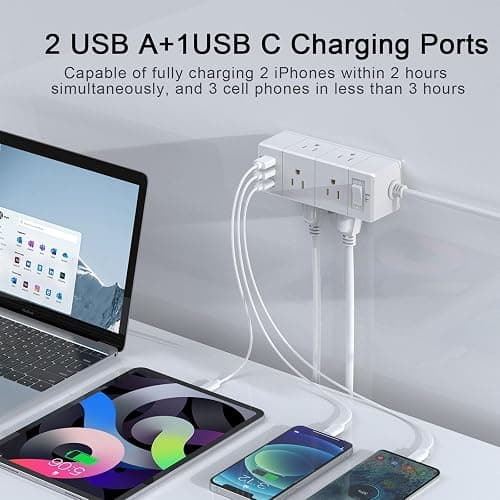 10Ft Extension Cord Flat Plug Power Strip - Tcstei 3-Side Outlet Extender with 6 AC Outlets and 3 USB Ports (1 USB C), Compact for Home, Office, Dorm Room Essentials, ETL, White - 10Ft/2U1C - White thumbnail 3