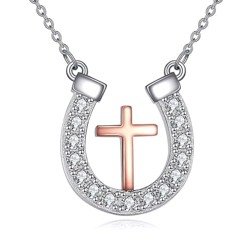 CRMAD Horseshoe Necklace for Women Sterling Silver Horse Cross Pandant Necklace Rose Gold Plated Jewelry Gifts (cross) - Image 1