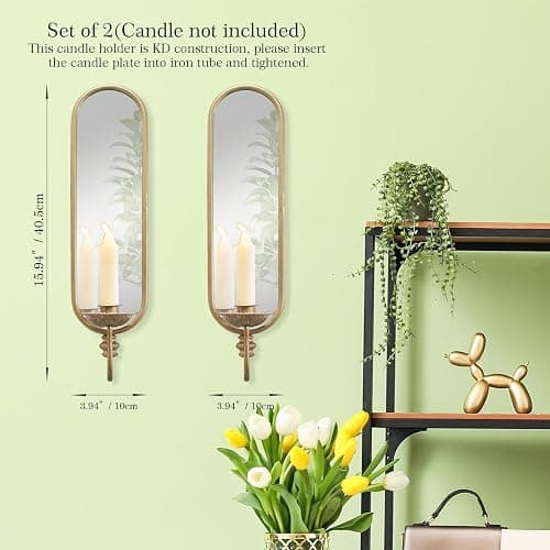 Set of 2 Vintage Gold Iron Candle Sconce and Mirror, Rustic Metal Wall Candle Holders for Pillar Candles Wall,Living Room, Bathroom, Dining Room(Size:3.94x15.94x3.9inches) thumbnail 9