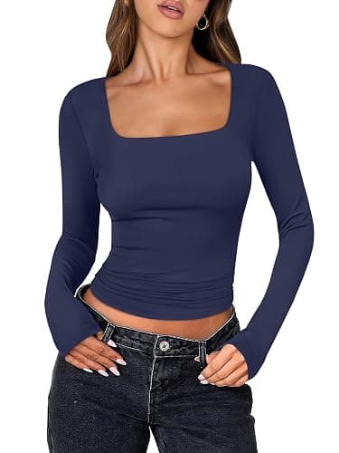 ANRABESS Women Double Lined Long Sleeve Crop Tops Shirts Square Neck Tight Fitted Going Out T-Shirt Basic Tee Outfits 2025 - Image 1