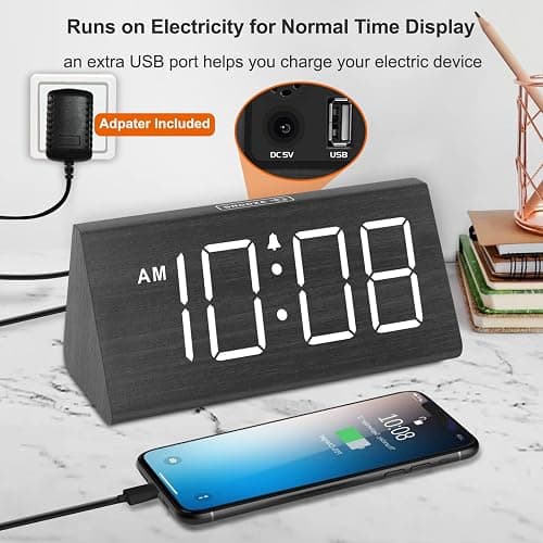 DreamSky Wooden Digital Alarm Clocks for Bedrooms - Electric Desk Clock with Large Numbers, USB Port, Loud Alarm for Heavy Sleepers, Adjustable Volume, Dimmer, DST, Wood Décor Gifts, Adapter Powered thumbnail 4