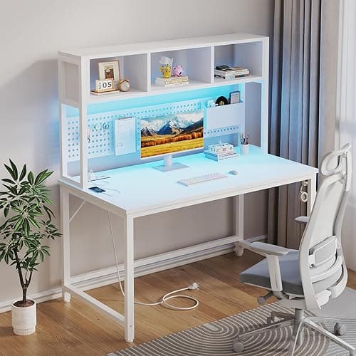 White Computer Desk with Hutch and Pegboard - Computer Desk with Power Outlets, 47 Inch Modern Study Teen Desk with Pegboard Storage Bag, Hooks and Side Bag,Writing Desk for Bedroom Home Office - White - 47.2" thumbnail 2