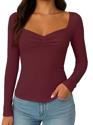 TiulZial Women's Long Sleeve Shirts Going Out Tops Basic Cute Pleated Sweetheart Neck Y2K Fall T Shirts - Image 1