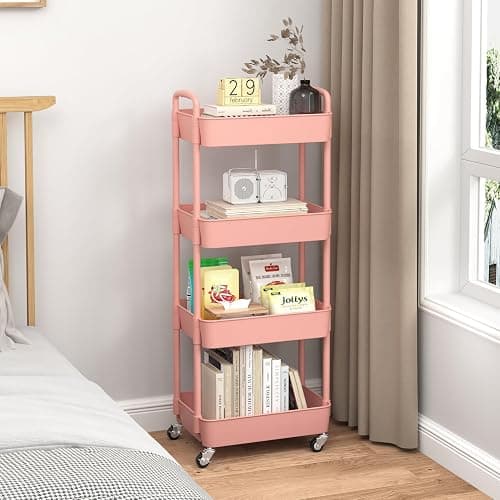 Sywhitta 4-Tier Plastic Rolling Utility Cart with Handle, Multi-Functional Storage Trolley for Office, Living Room, Kitchen, Movable Storage Organizer with Wheels, Pink thumbnail 5