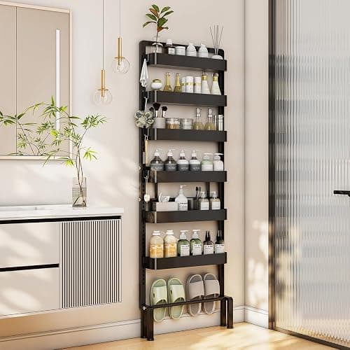 ABCOOL Behind Door Storage Organizer Rack, 6 Tier Adjustable Hanging Baskets Free Standing Thin Metal Space Savers Room Storage Organizers, Back of Door Heavy Duty Storage - Black - Image 1
